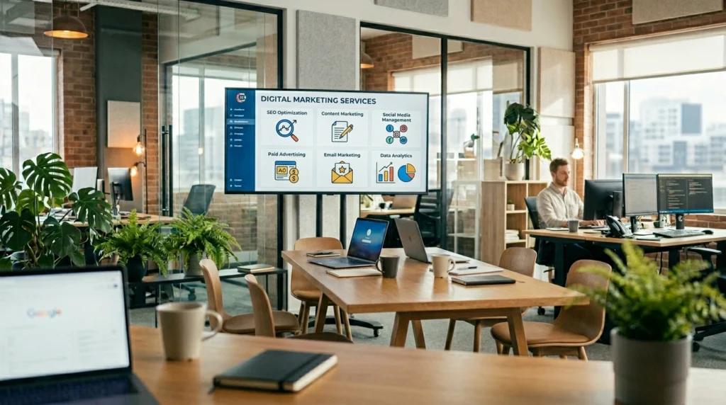 Modern office workspace displaying core services from the best digital marketing expert in UAE on a central monitor.
